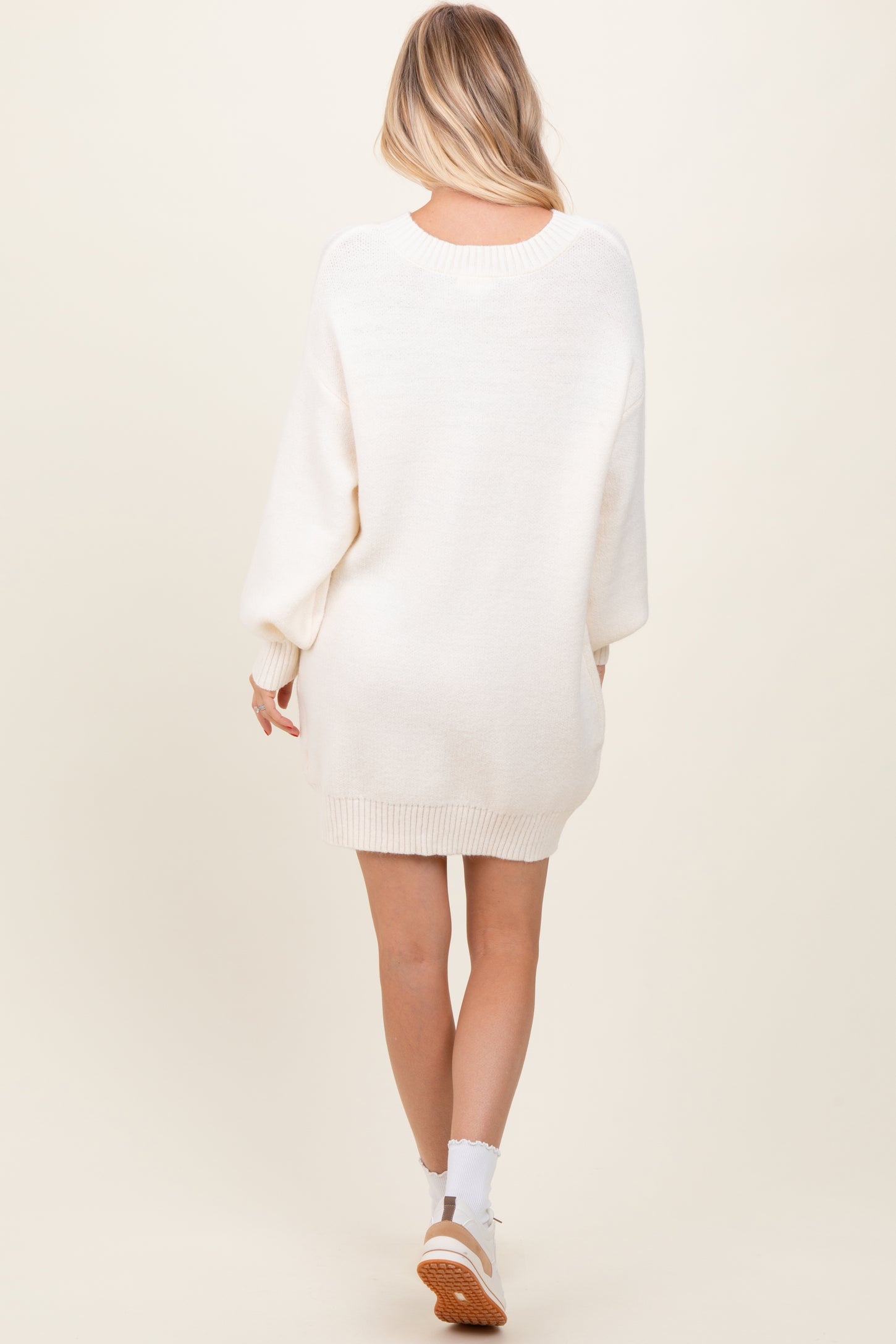Cream Half Button Up Mini Sweater Dress