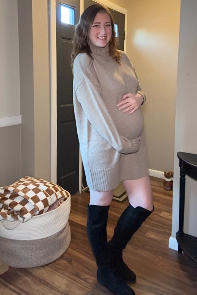 Light Taupe Turtle Neck Maternity Mini Sweater Dress