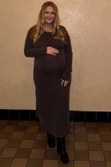 Charcoal Button Up Ribbed Knit Long Sleeve Maternity Midi Dress