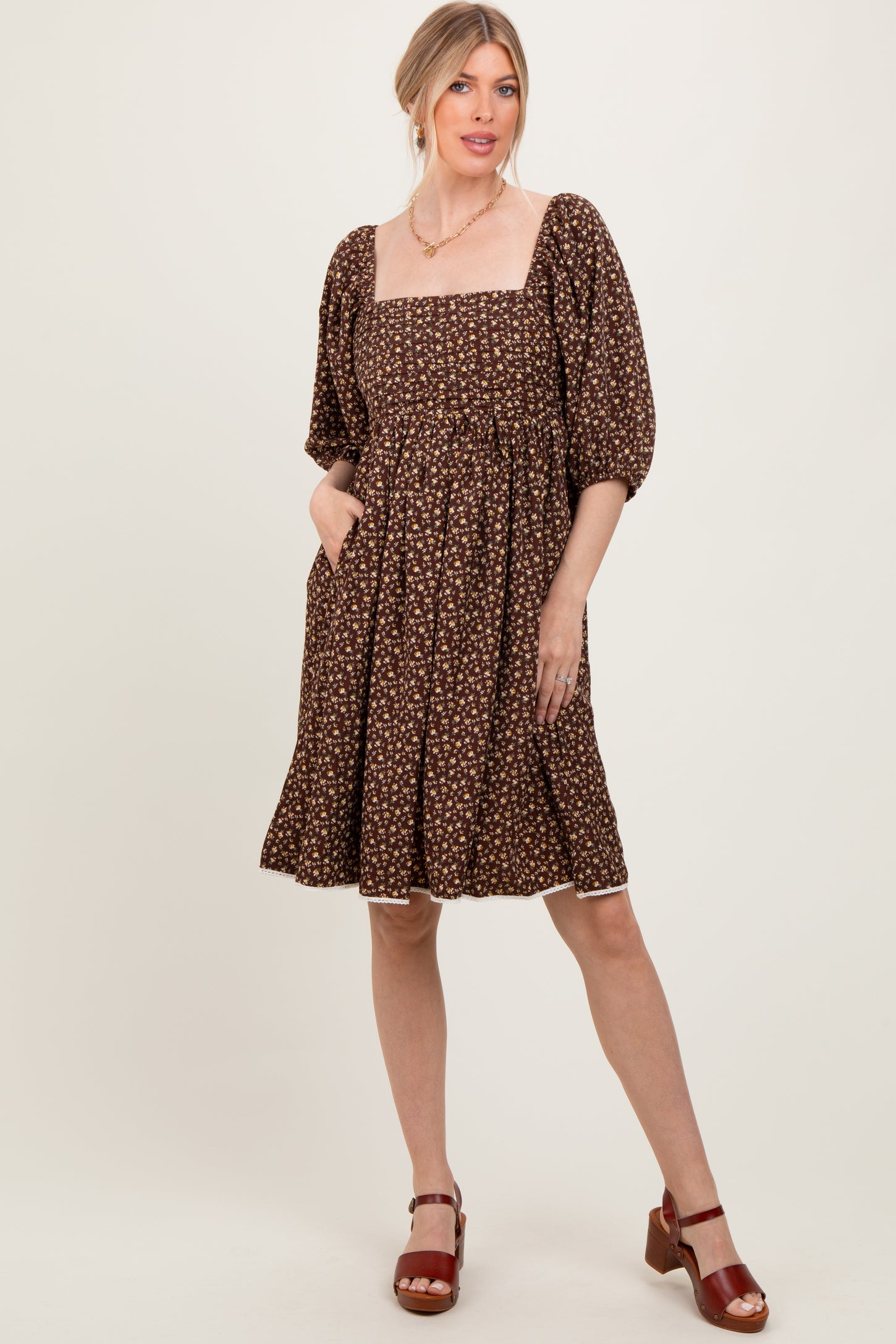 Mocha Floral Pleated Bodice Lace Trim Maternity Midi Dress