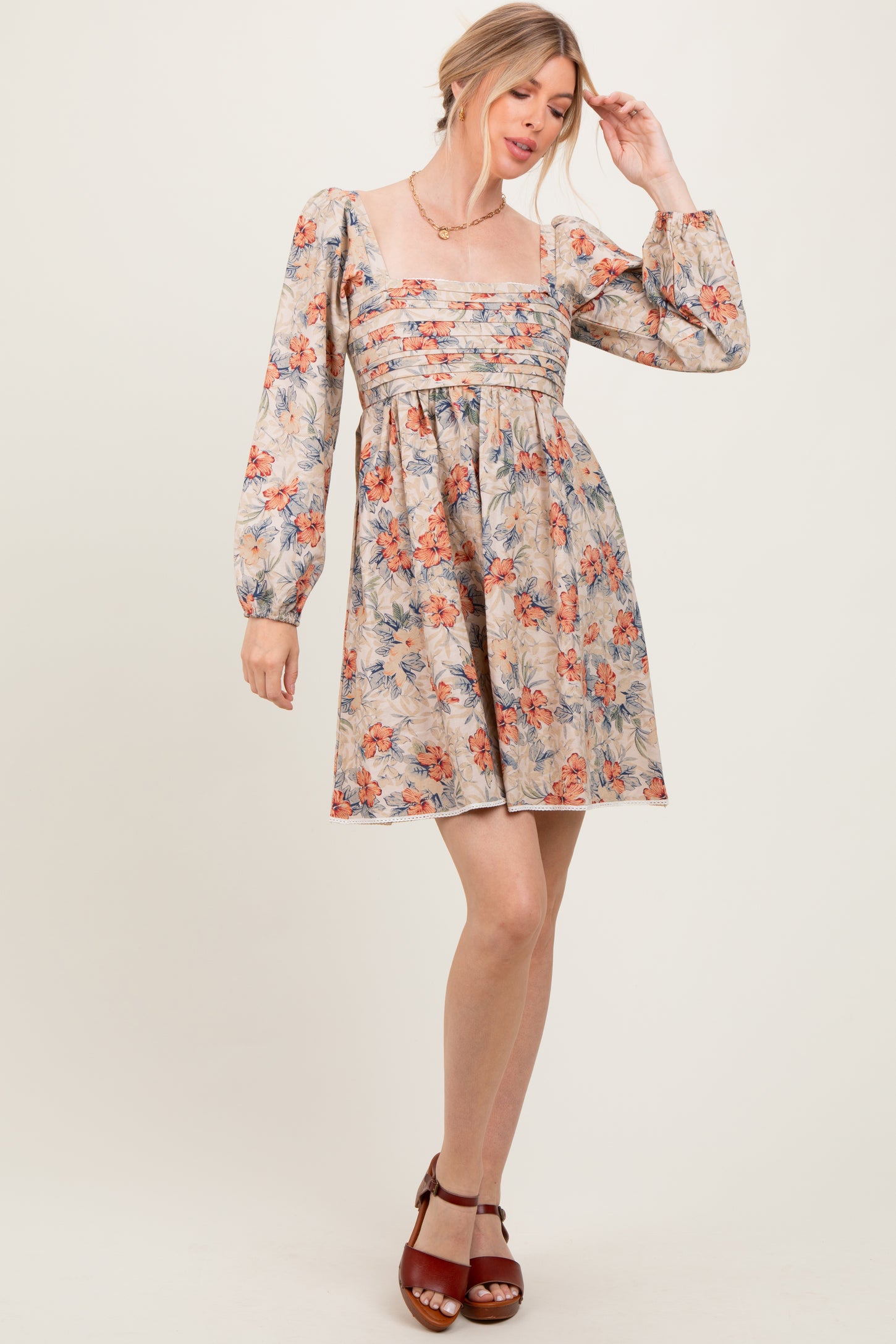 Cream Tropical Floral Pleated Bodice Dress