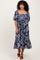 Light Navy Floral Pleated Bodice Midi Dress
