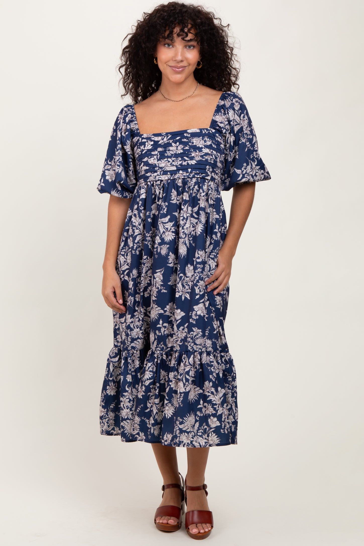 Light Navy Floral Pleated Bodice Midi Dress