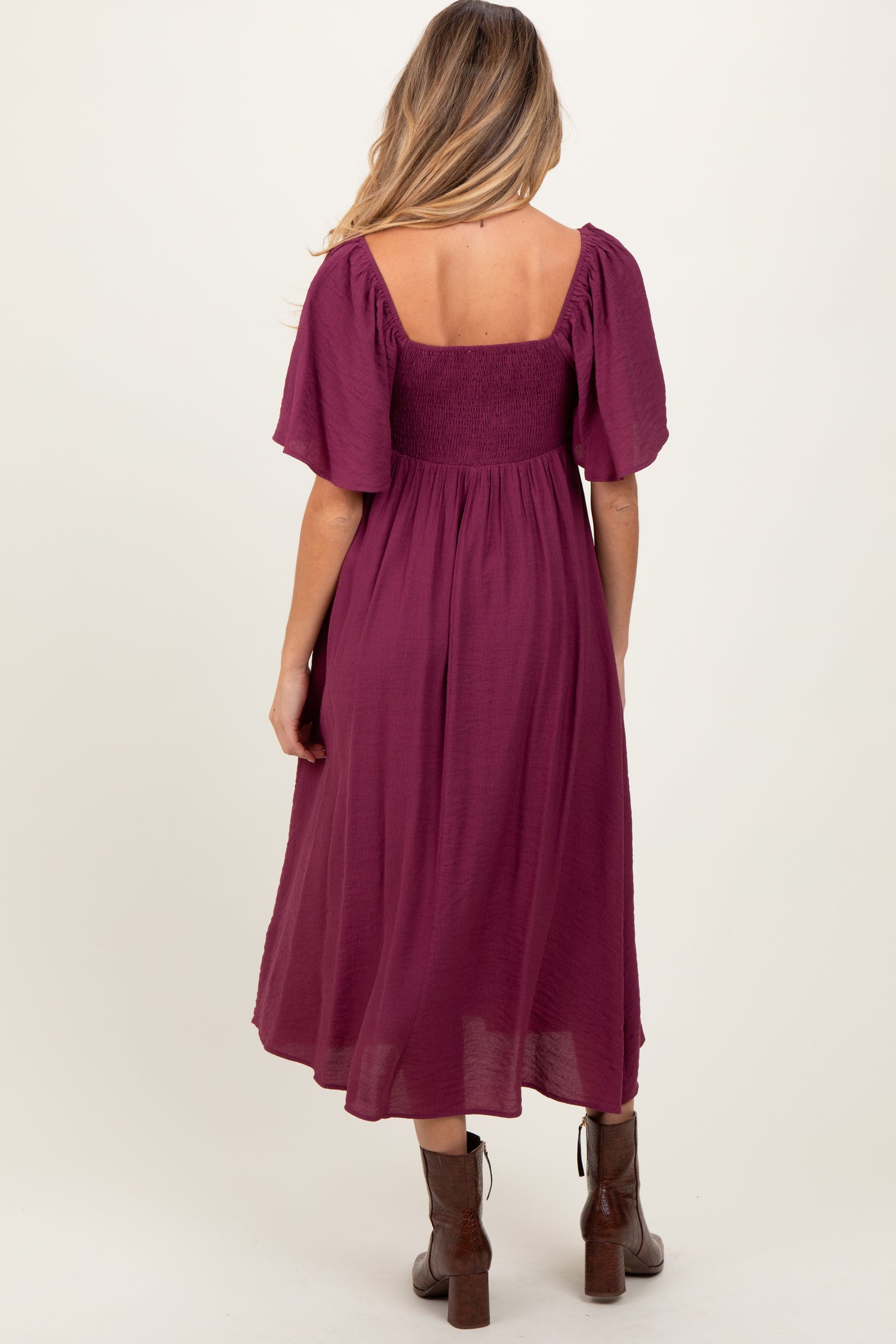 Plum Front Tie Ruffle Sleeve Maternity Midi Dress