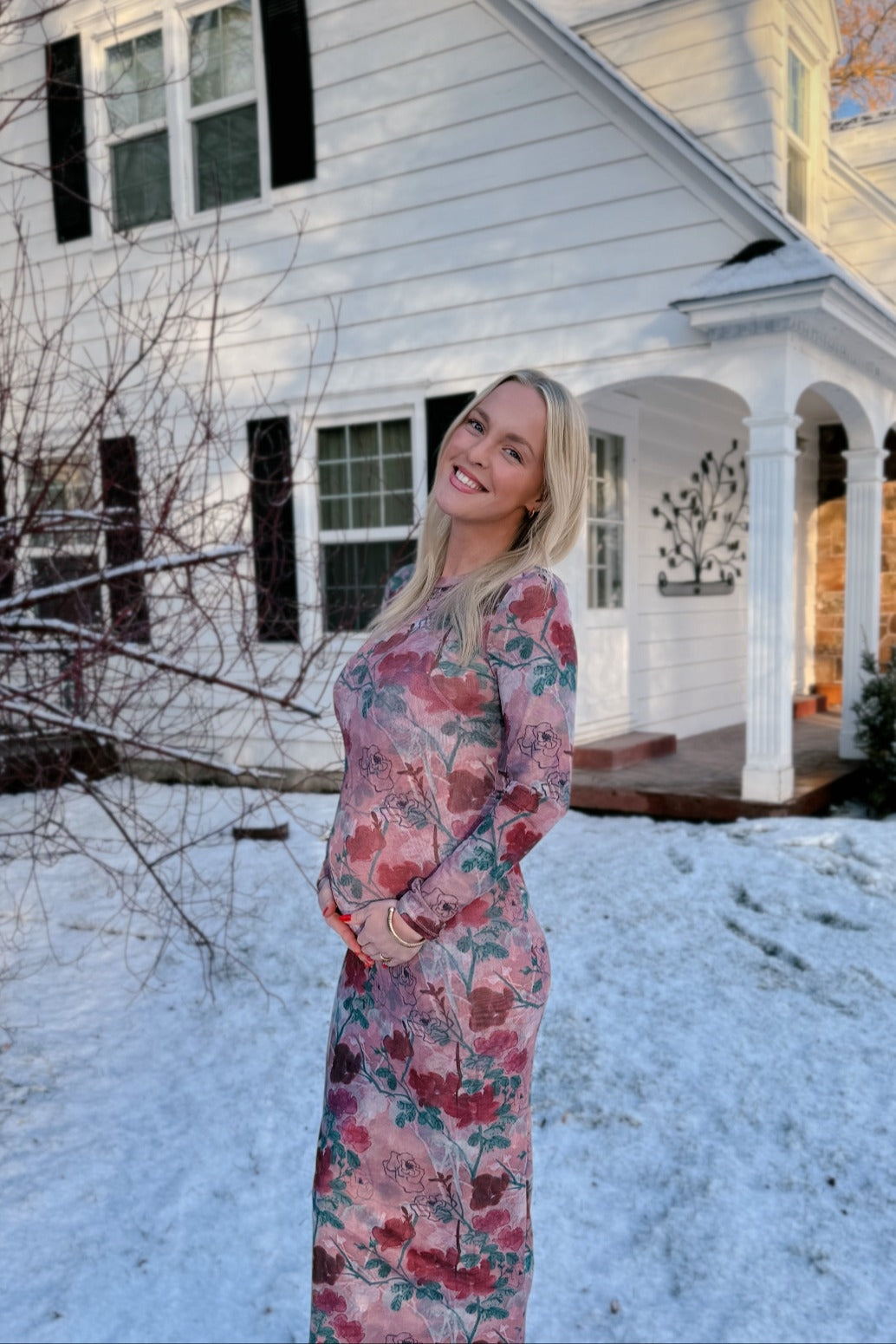 Mauve Floral Printed Mesh Overlay Maternity Maxi Dress