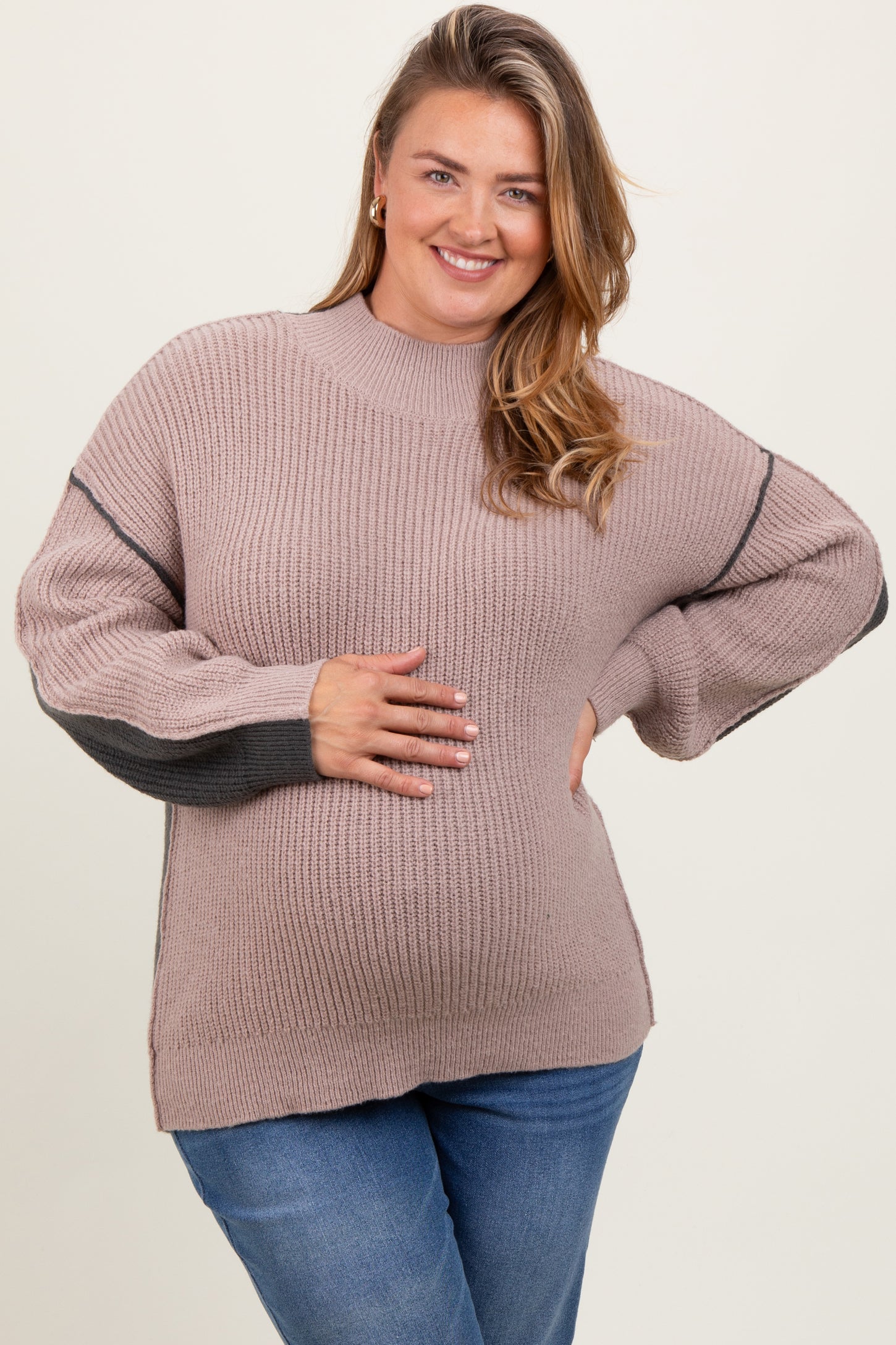 Mocha Mock Neck Colorblock Maternity Plus Sweater