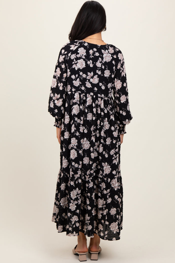 Black Floral Textured Bubble Sleeve Maxi Dress