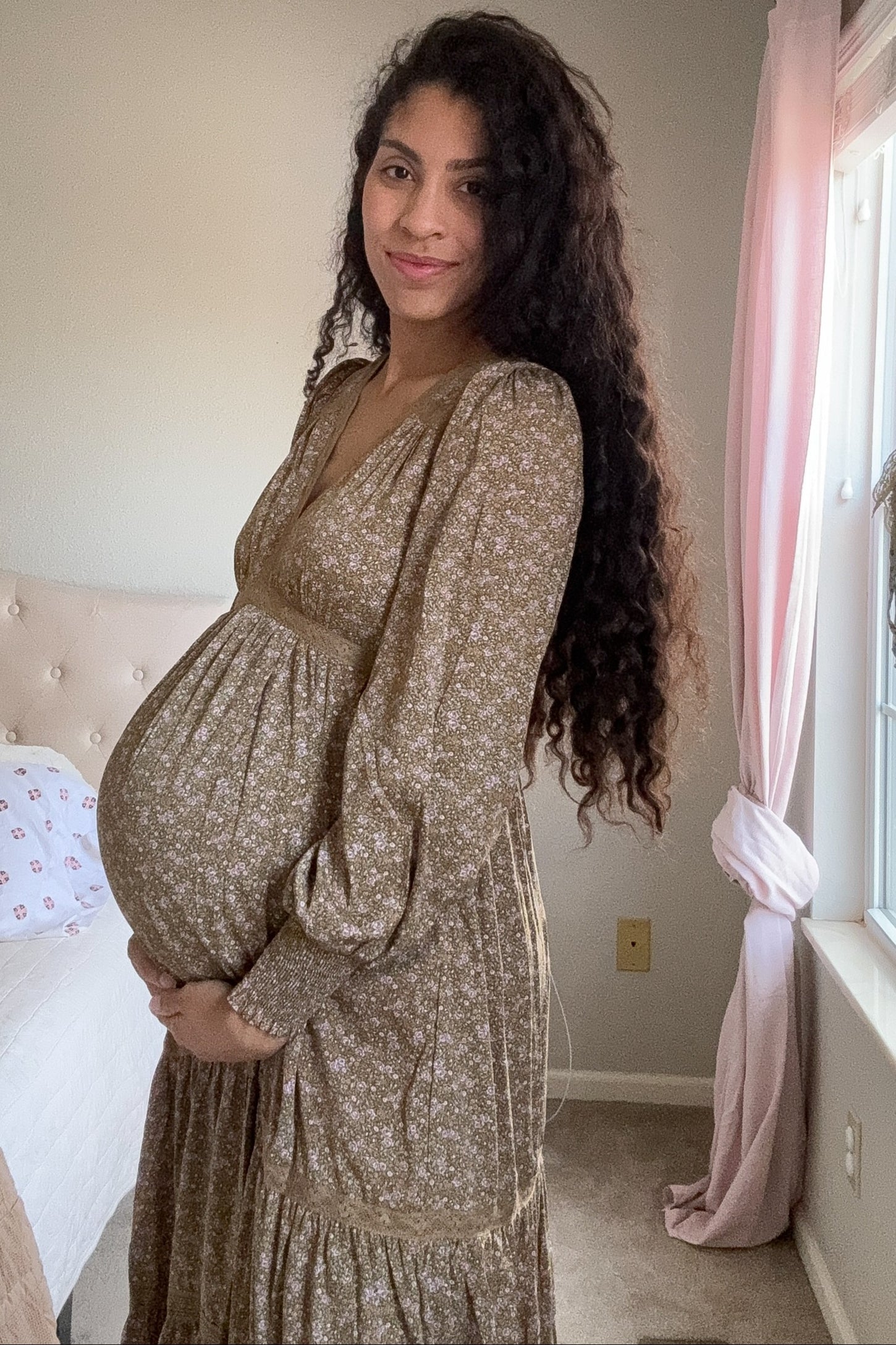 Mocha Floral Lace Trim Bubble Sleeve Maternity Maxi Dress