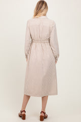 Mocha Striped Sash Tie Midi Shirt Dress