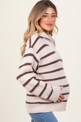 Cream Mocha Striped Knit Half Zip Maternity Sweater