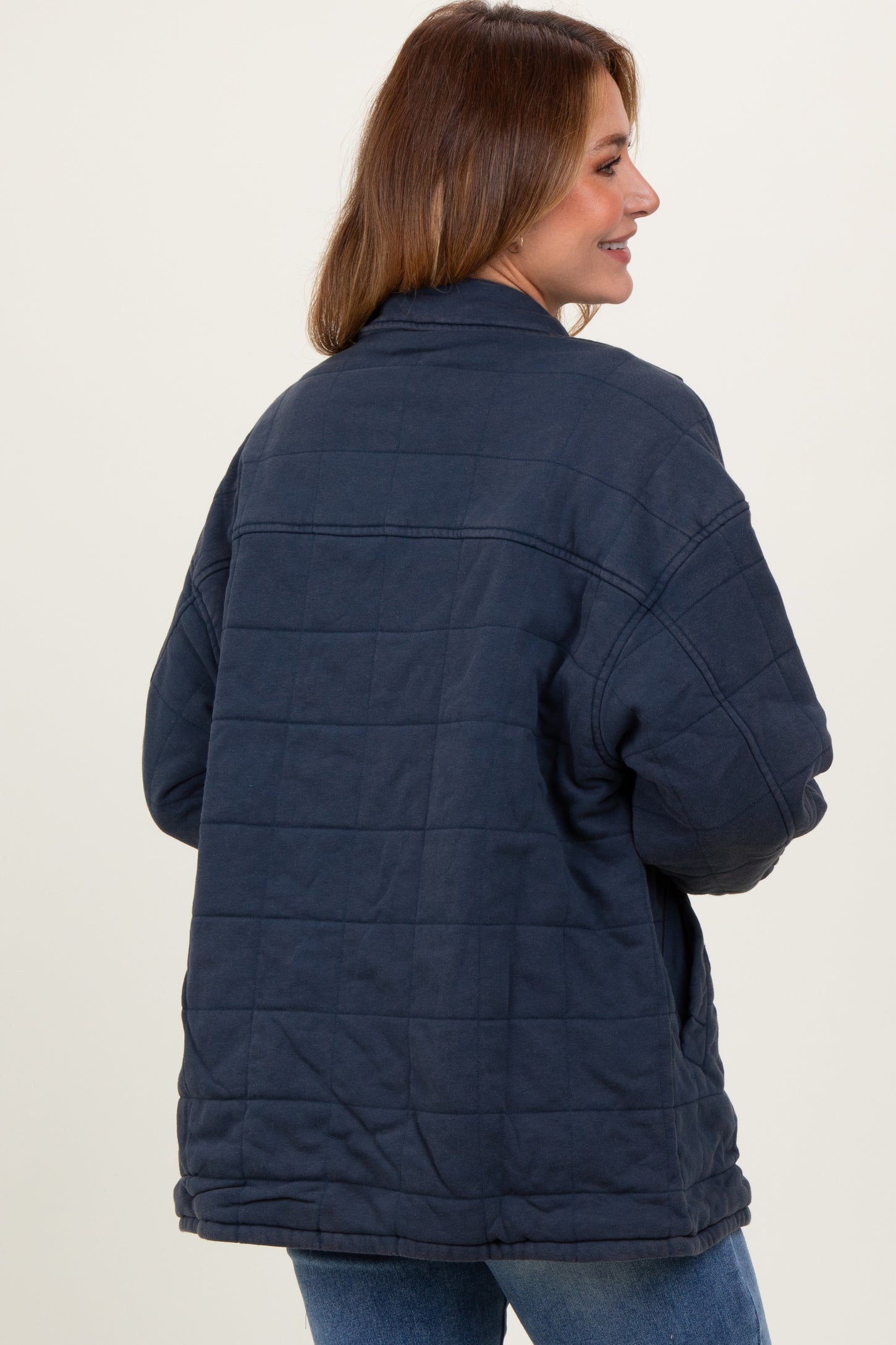 Navy Oversized Collared Button Down Quilted Jacket