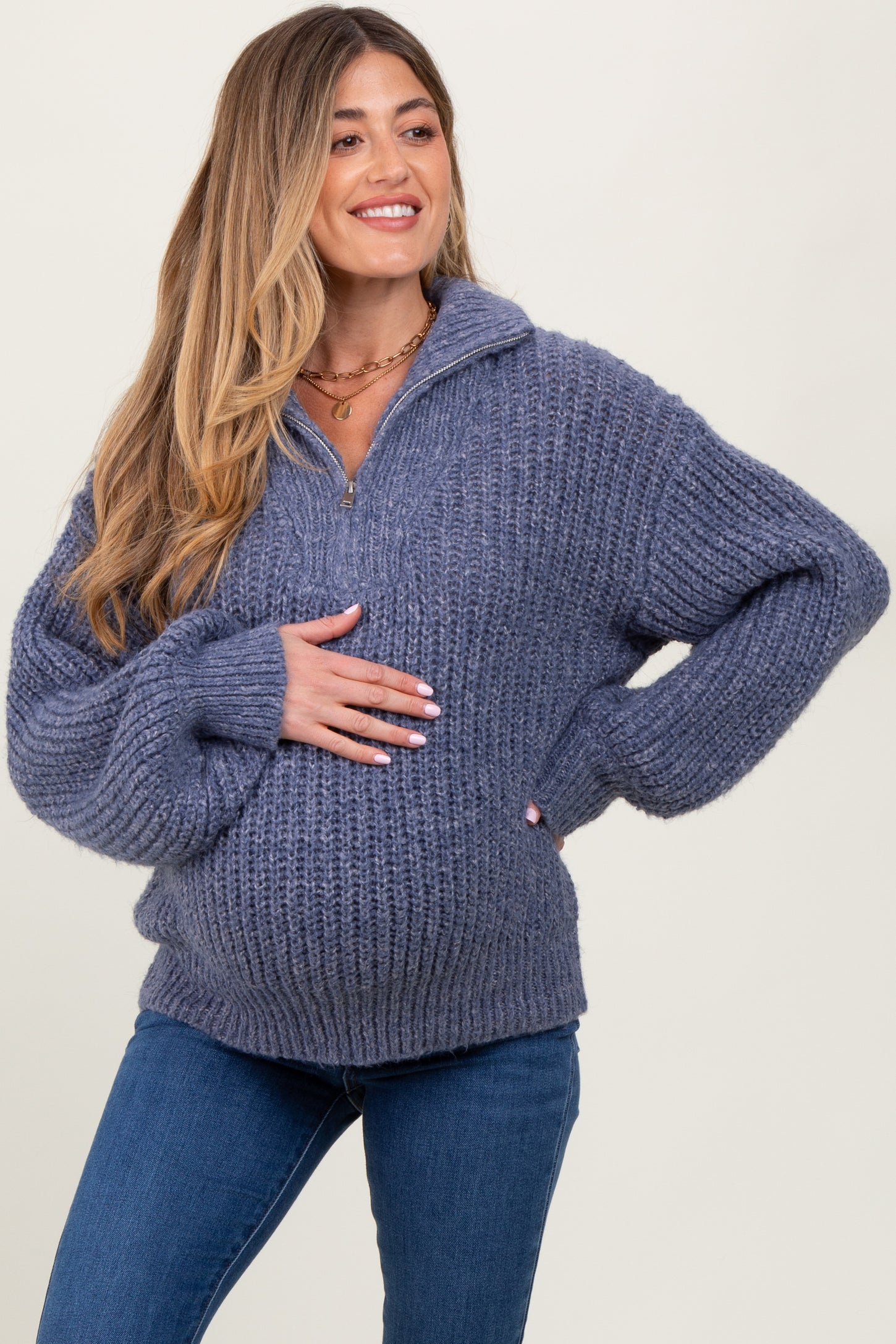 Blue Chunky Knit Quarter Zip Maternity Sweater