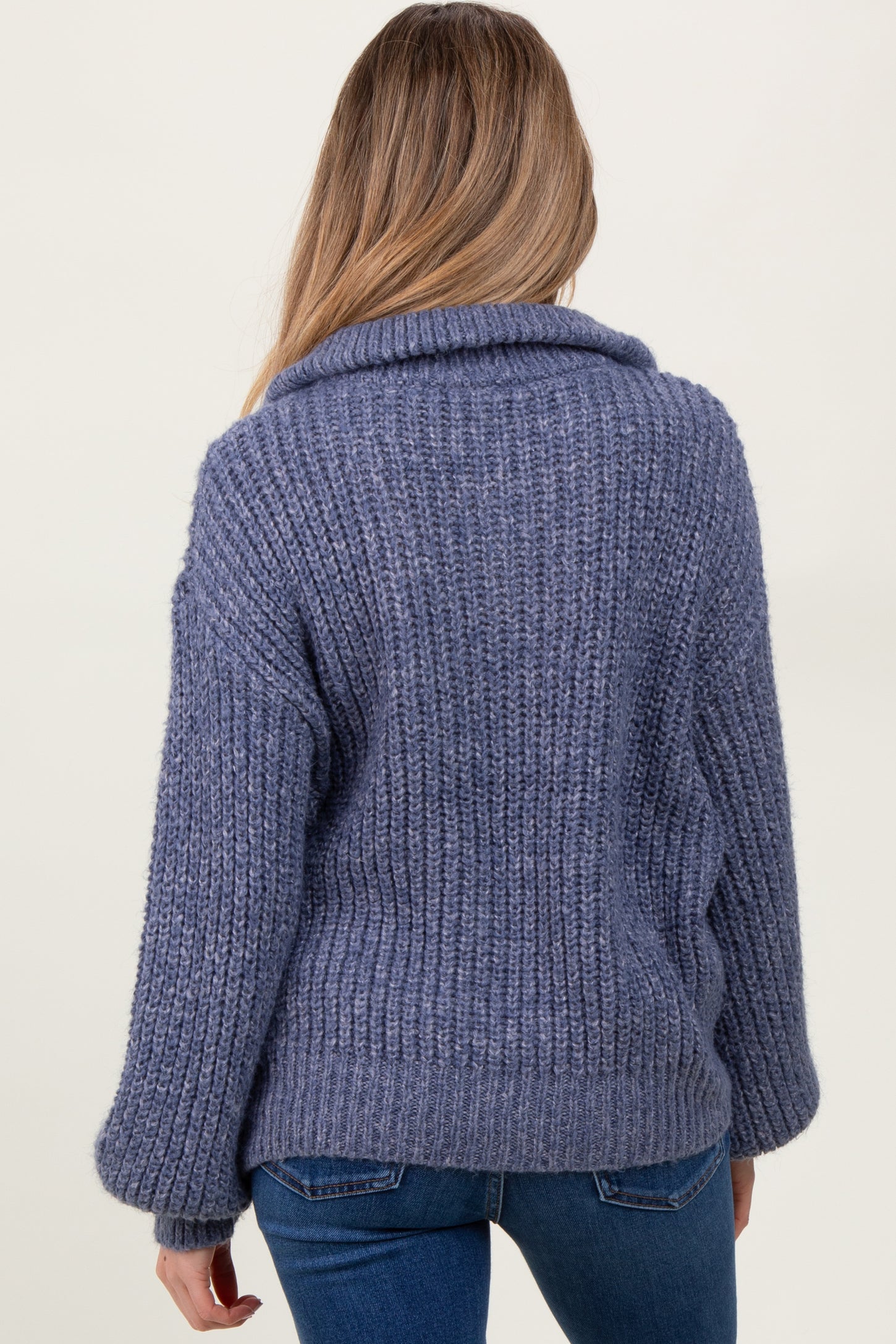 Blue Chunky Knit Quarter Zip Maternity Sweater