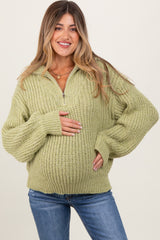 Light Olive Chunky Knit Quarter Zip Maternity Sweater