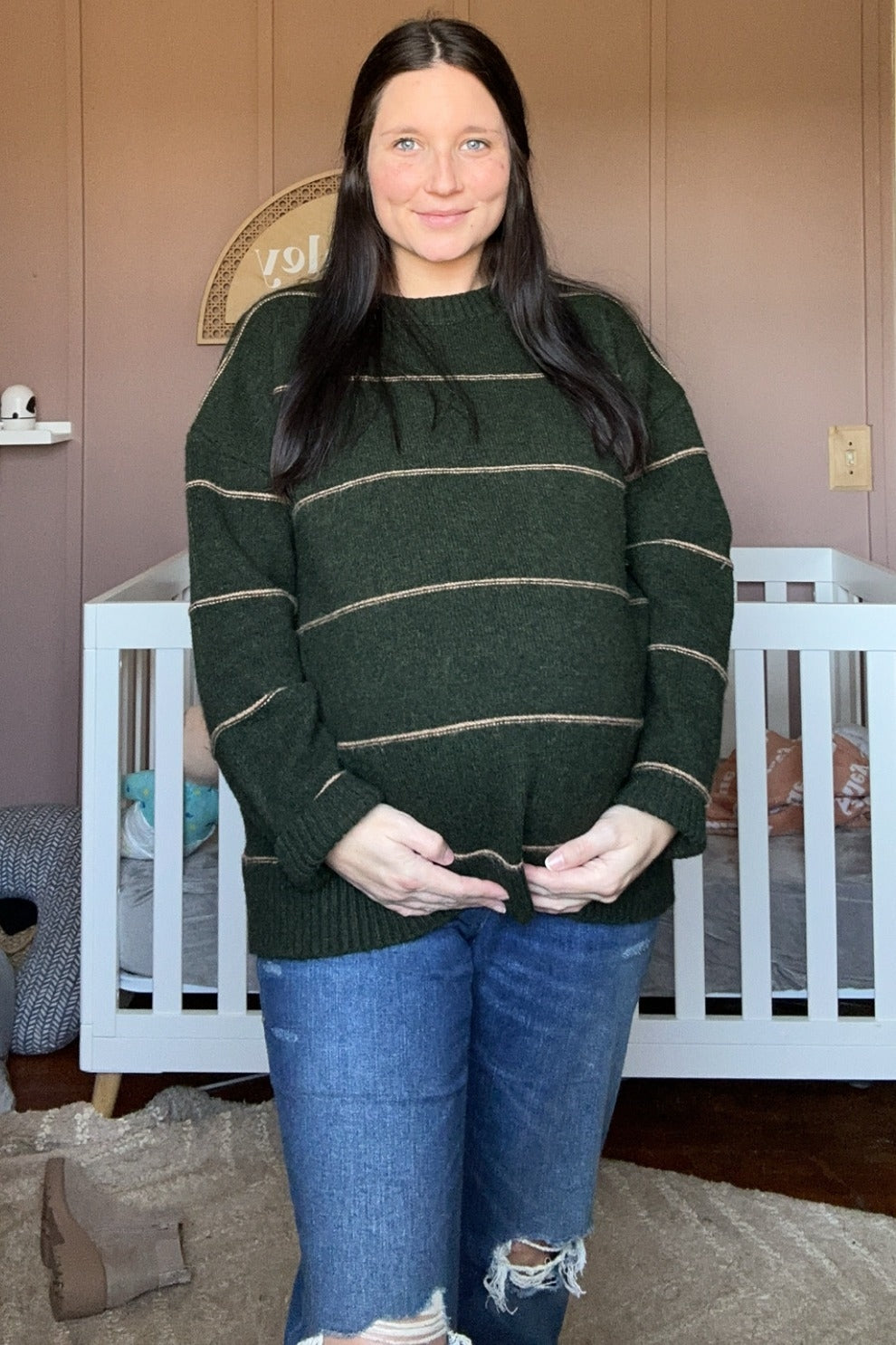 Olive Striped Drop Shoulder Maternity Sweater