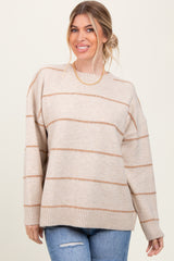 Beige Striped Drop Shoulder Maternity Sweater