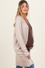 Beige Contrast Rib Long Maternity Open Cardigan