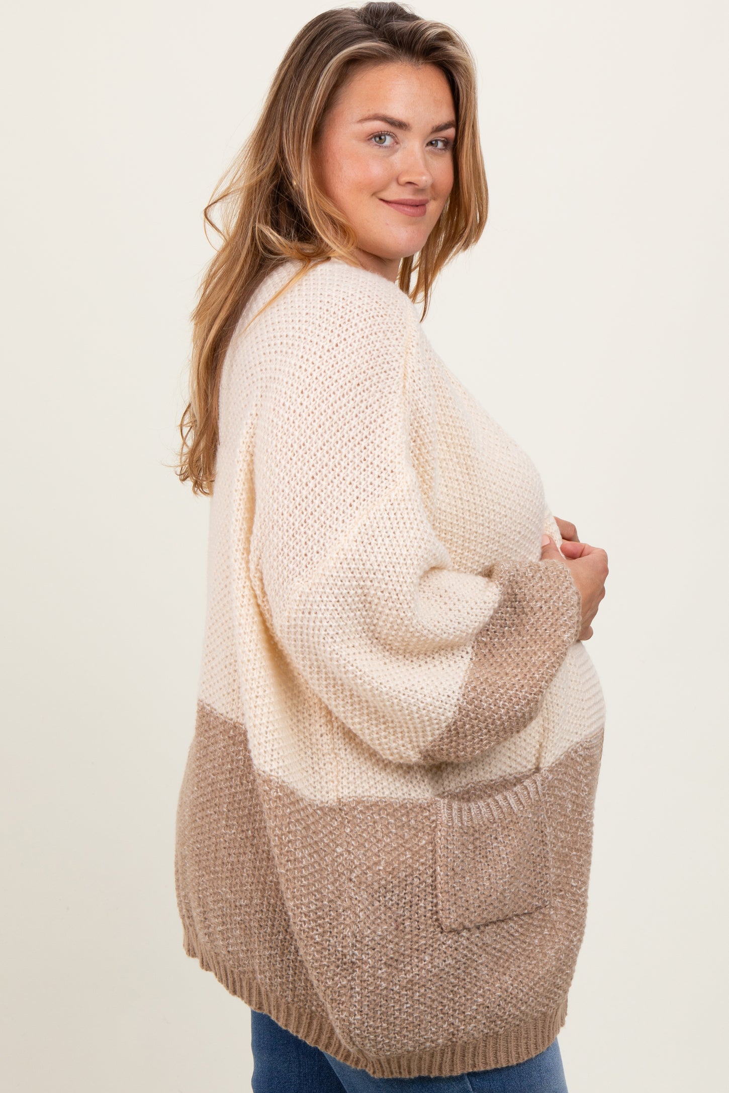 Cream Colorblock Bubble Sleeve Maternity Plus Cardigan