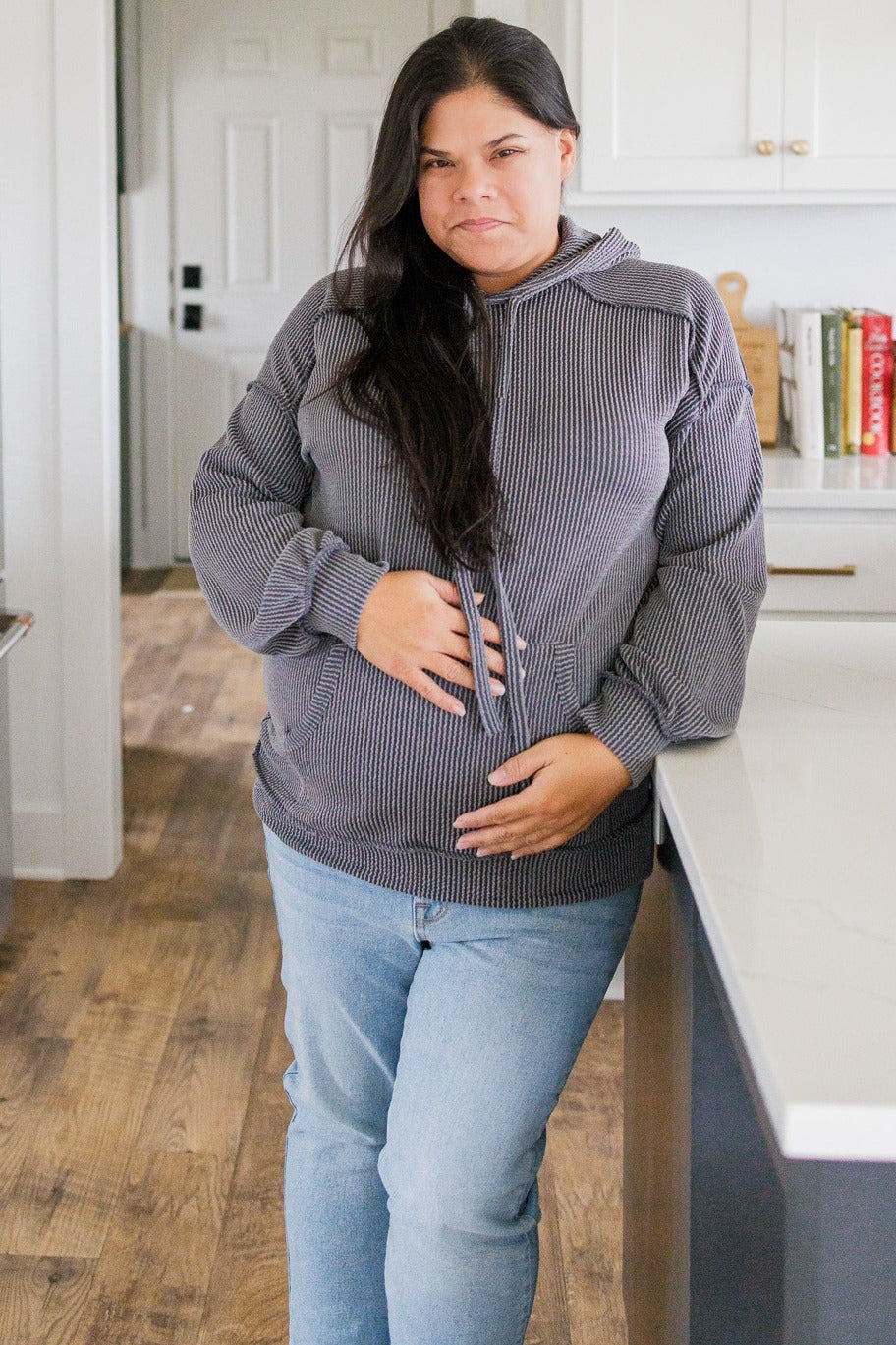 Charcoal Ribbed Front Pocket Maternity Drawstring Hoodie
