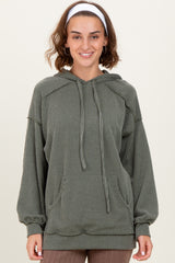 Olive Ribbed Front Pocket Drawstring Hoodie