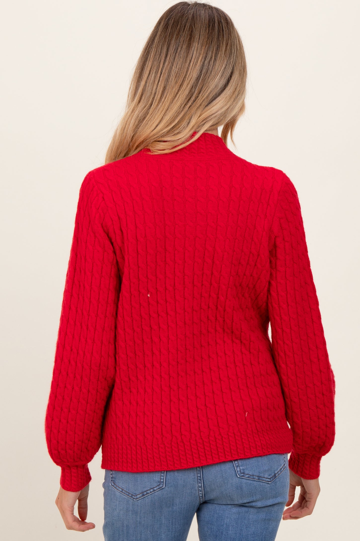 Red Cable Knit Mock Neck Bubble Sleeve Maternity Sweater