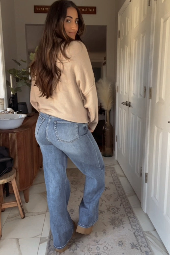 Beige Oversized Crewneck Melange Knit Sweater