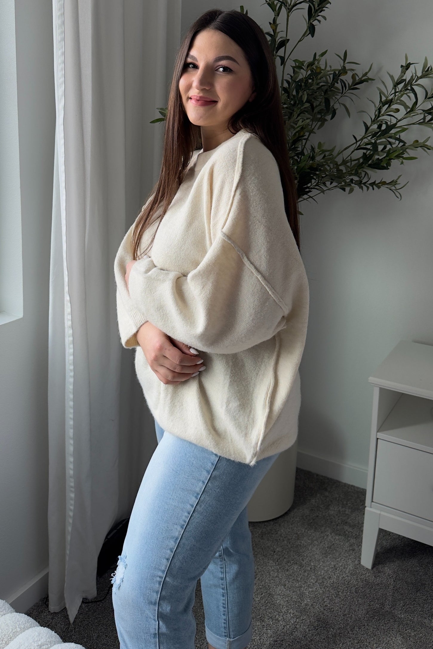 Cream Oversized Crewneck Melange Knit Sweater