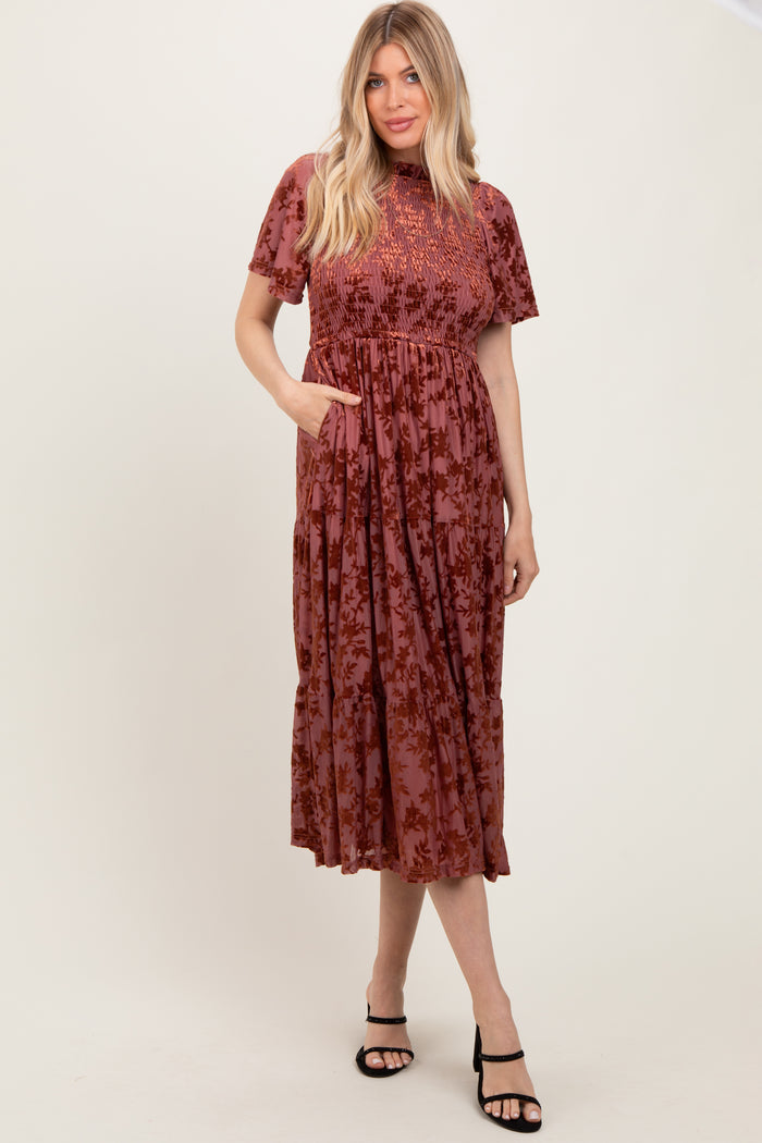 Mauve Floral Velvet Print Smocked Midi Dress
