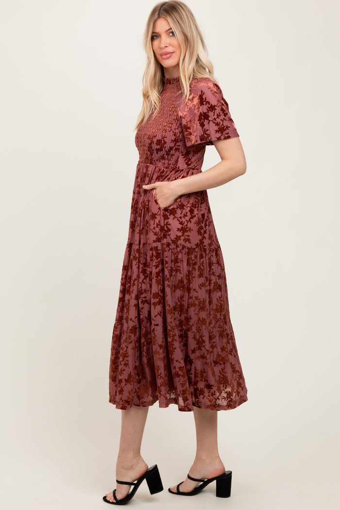 Mauve Floral Velvet Print Smocked Midi Dress