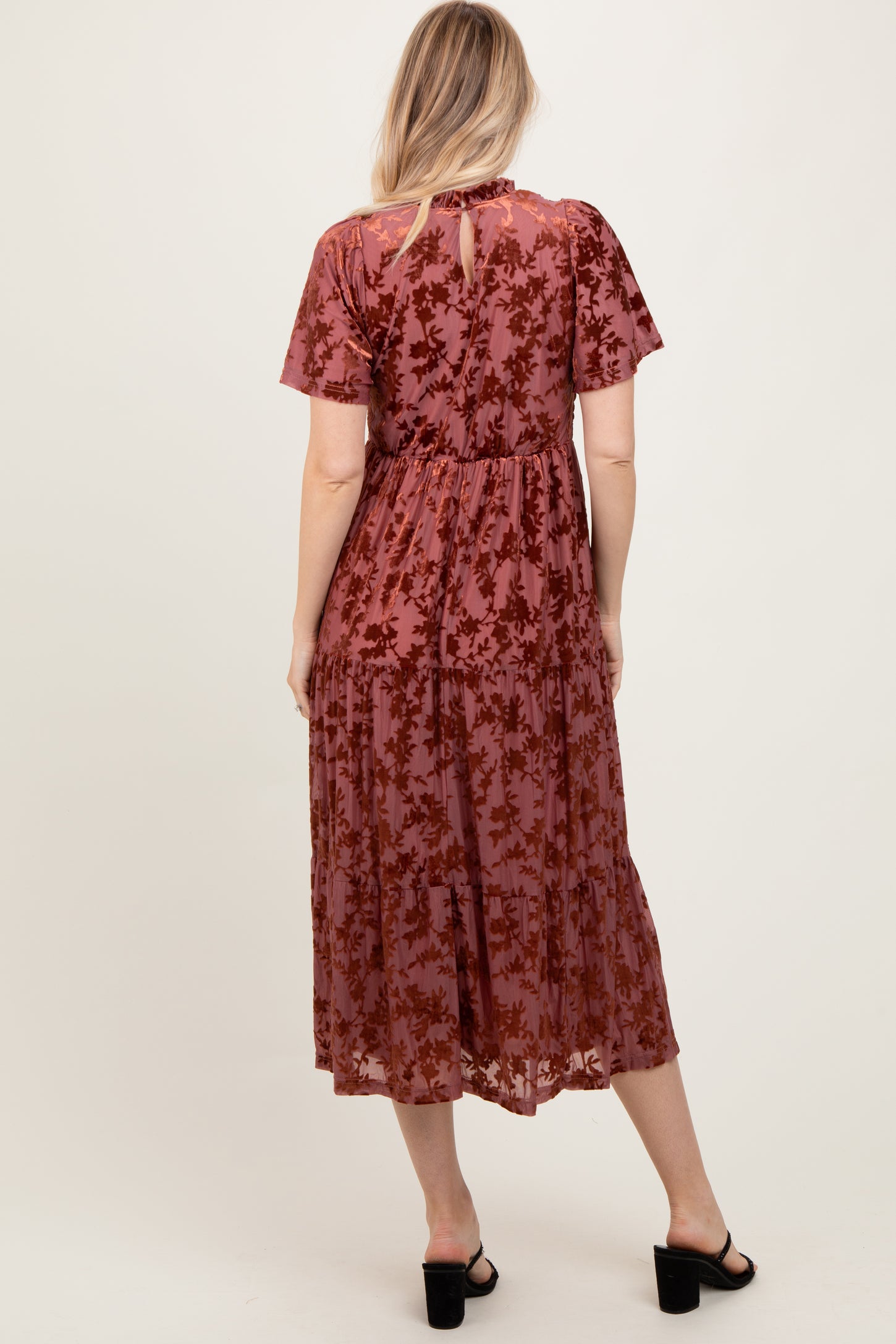 Mauve Floral Velvet Print Smocked Midi Dress