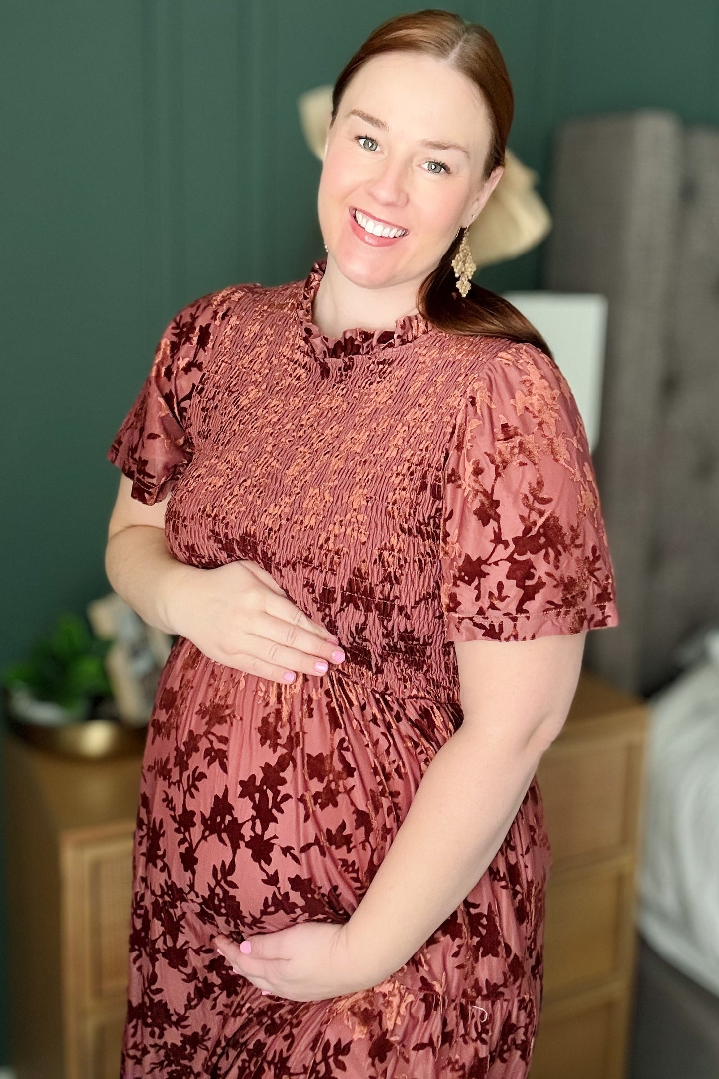 Mauve Floral Velvet Print Smocked Maternity Midi Dress