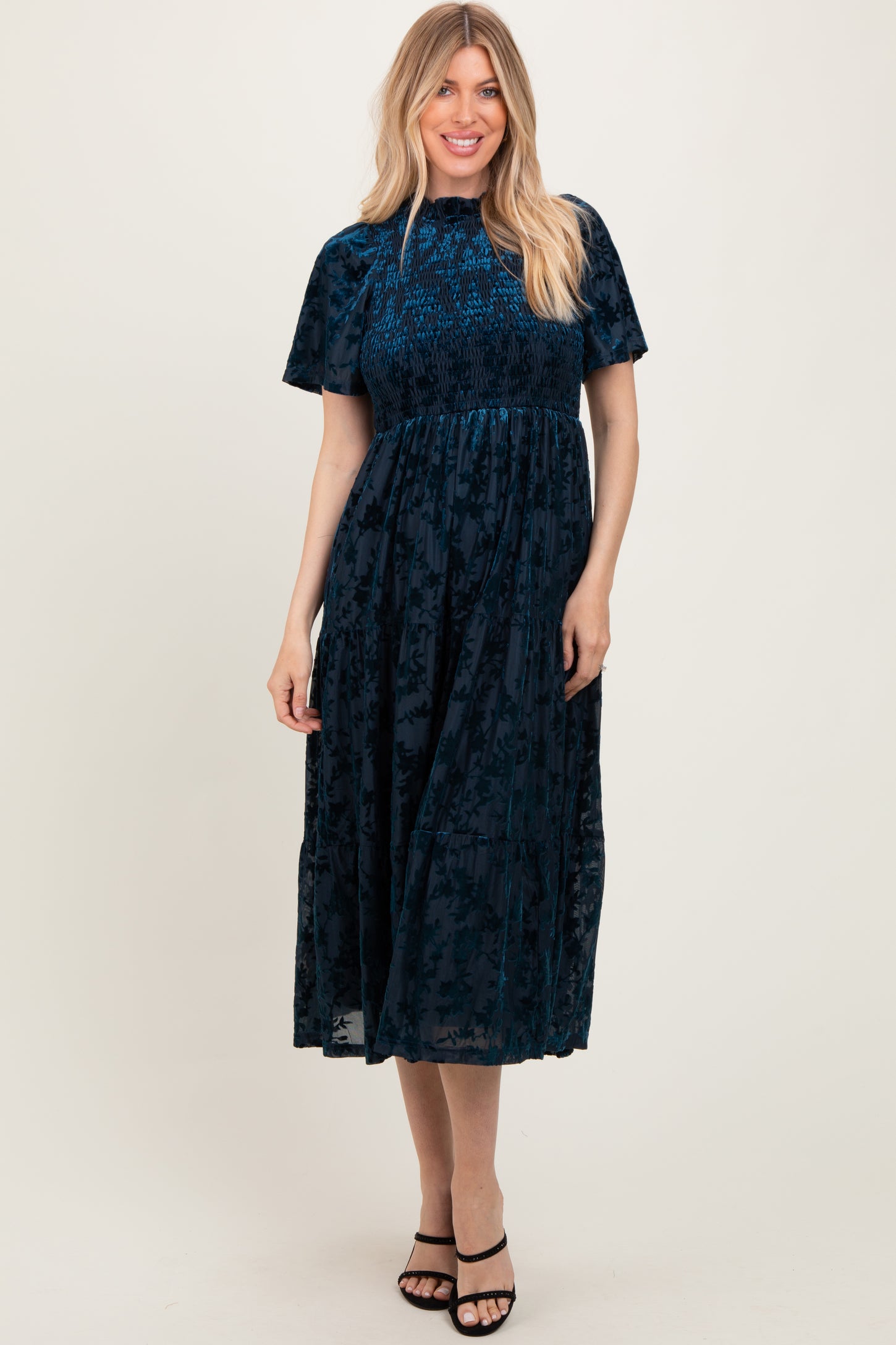 Navy Floral Velvet Print Smocked Midi Dress