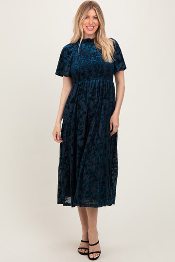 Navy Floral Velvet Print Smocked Midi Dress