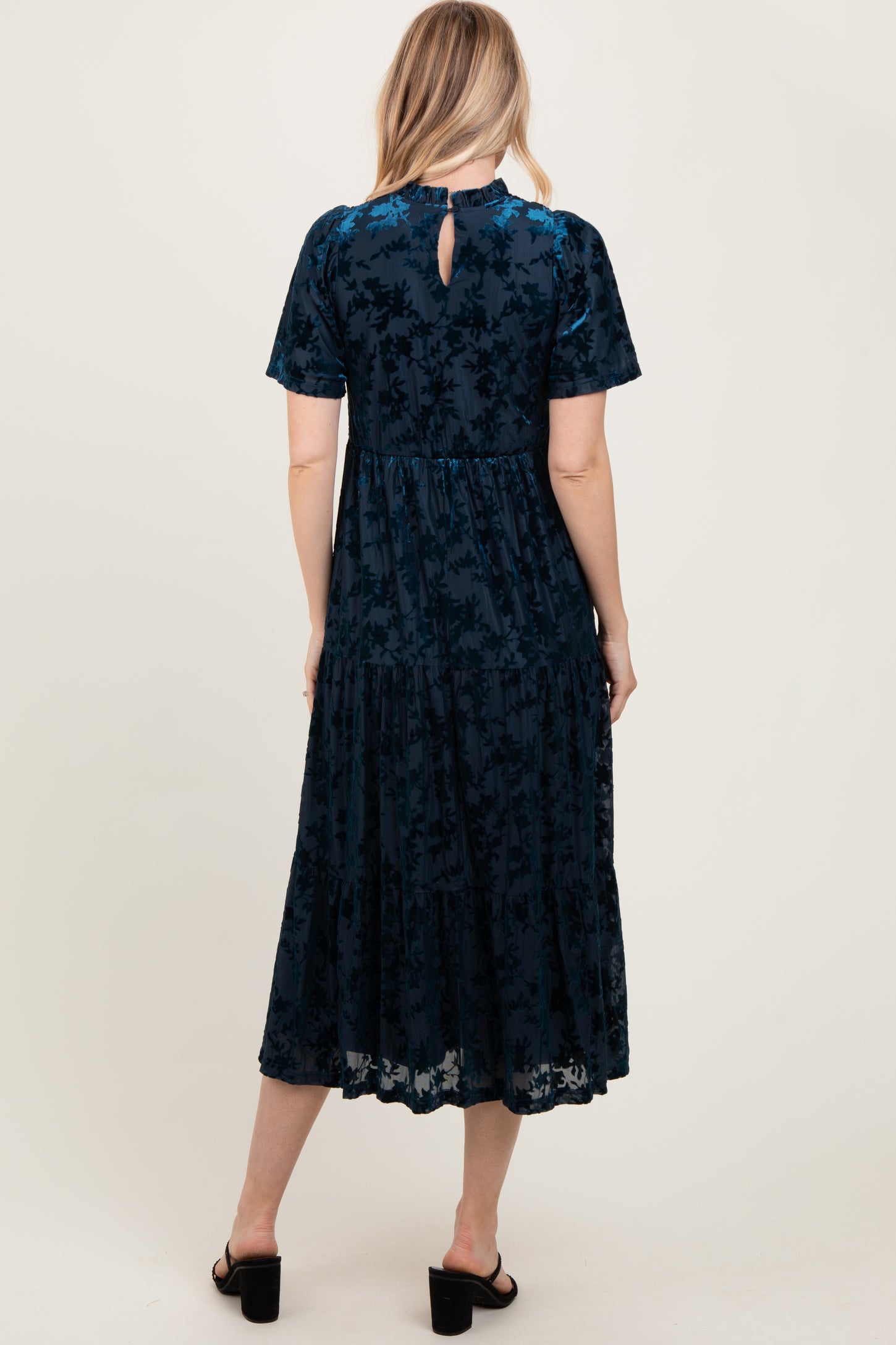 Navy Floral Velvet Print Smocked Midi Dress