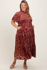 Mauve Floral Velvet Print Smocked Maternity Plus Midi Dress