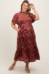 Mauve Floral Velvet Print Smocked Maternity Plus Midi Dress