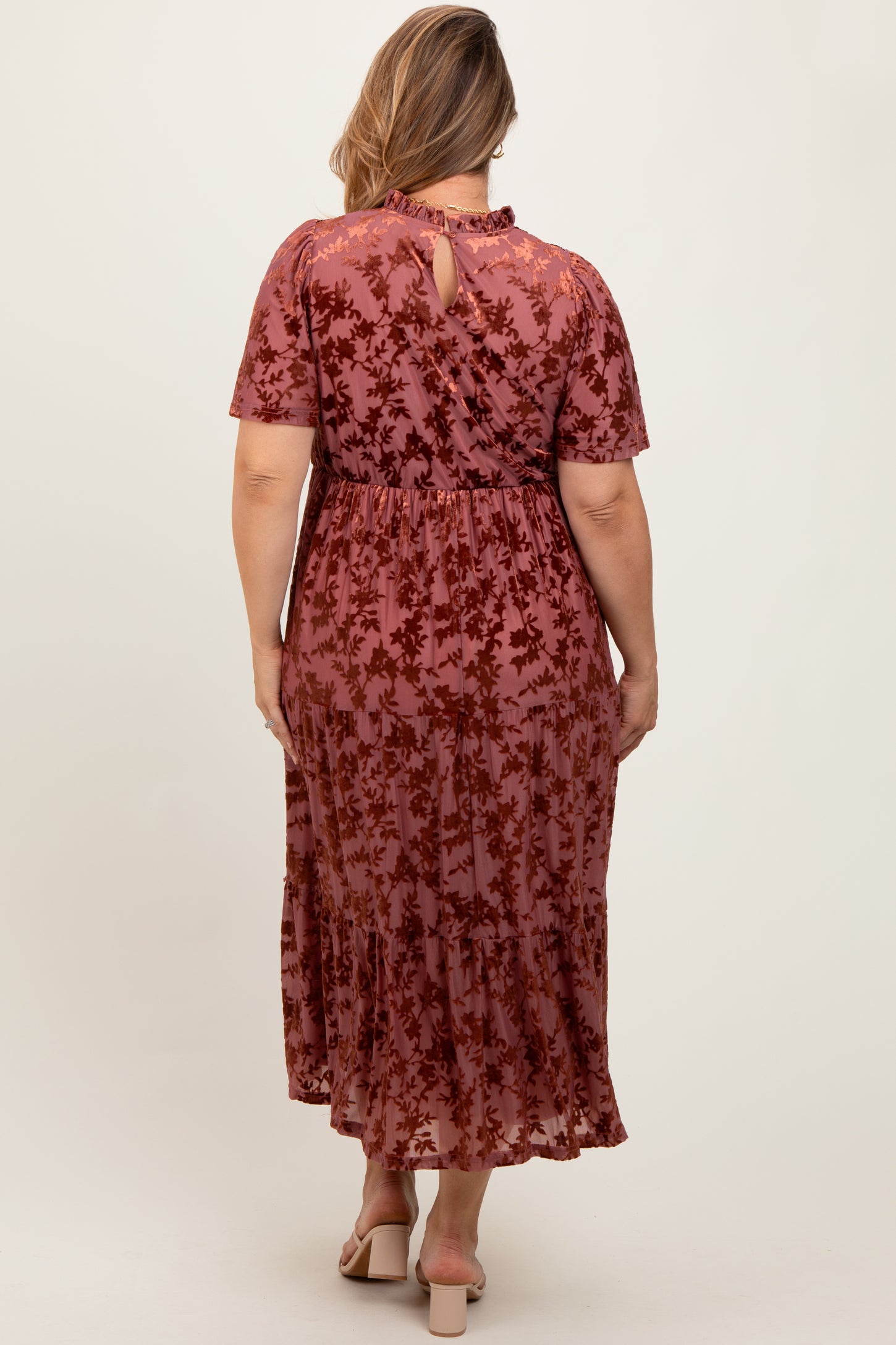 Mauve Floral Velvet Print Smocked Maternity Plus Midi Dress