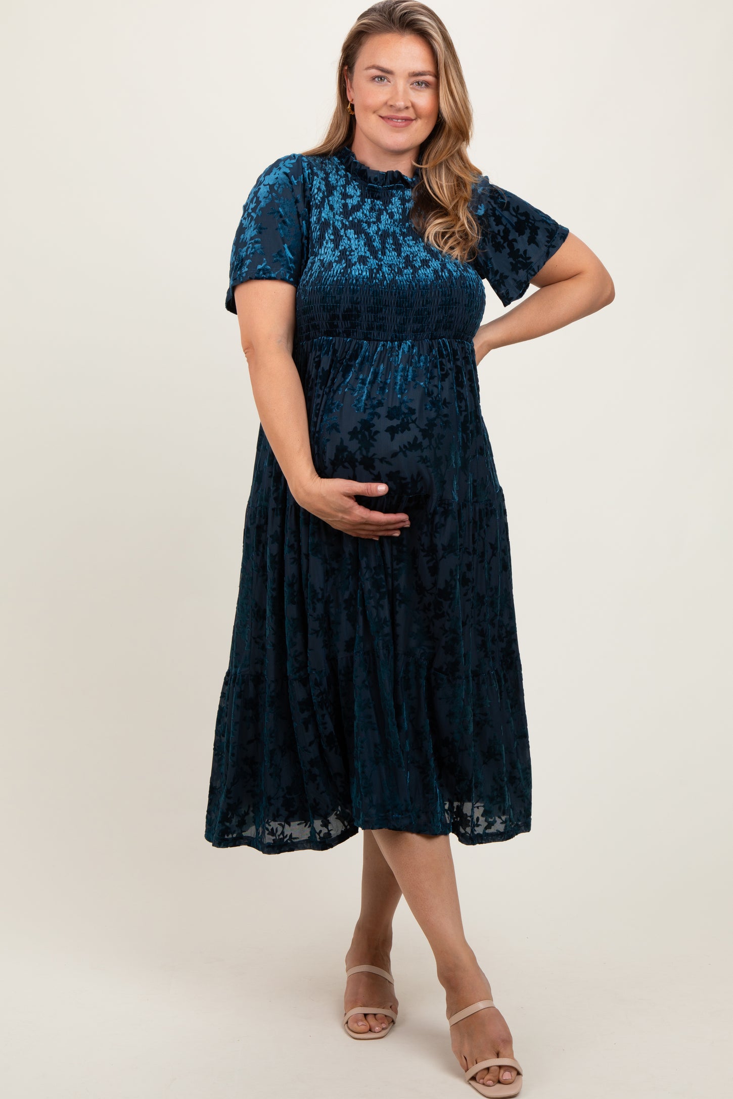Navy Floral Velvet Print Smocked Maternity Plus Midi Dress