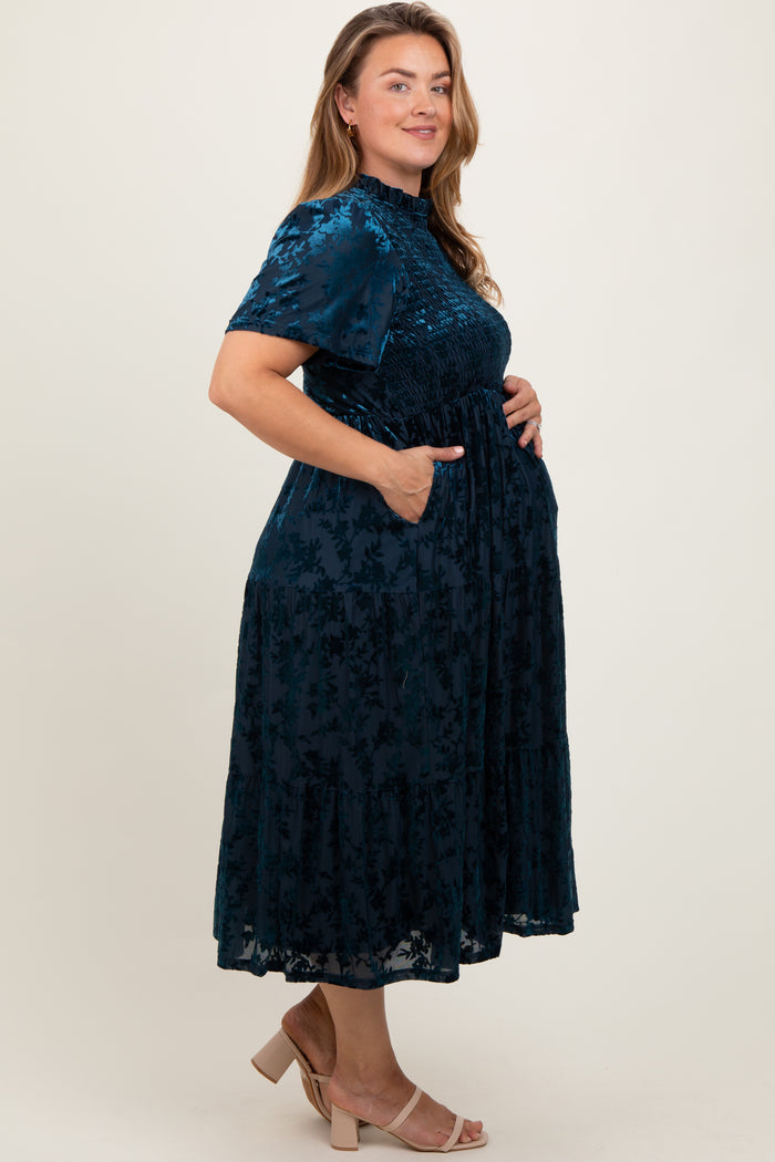 Navy Floral Velvet Print Smocked Maternity Plus Midi Dress
