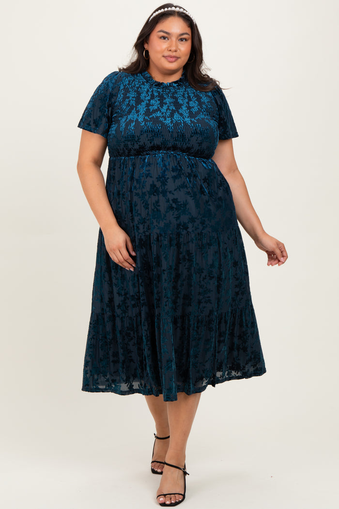 Navy Floral Velvet Print Smocked Plus Midi Dress