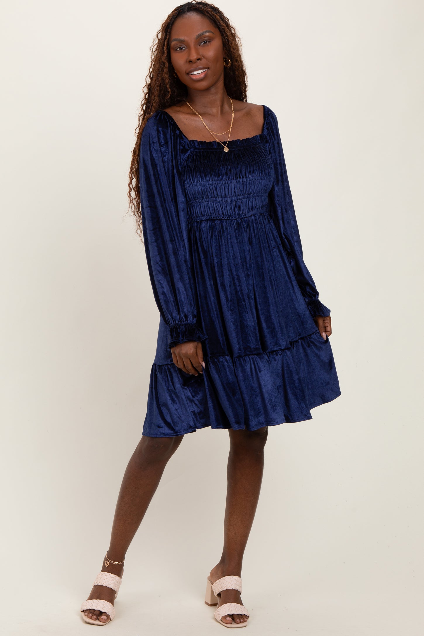Navy Velvet Smocked Long Sleeve Dress