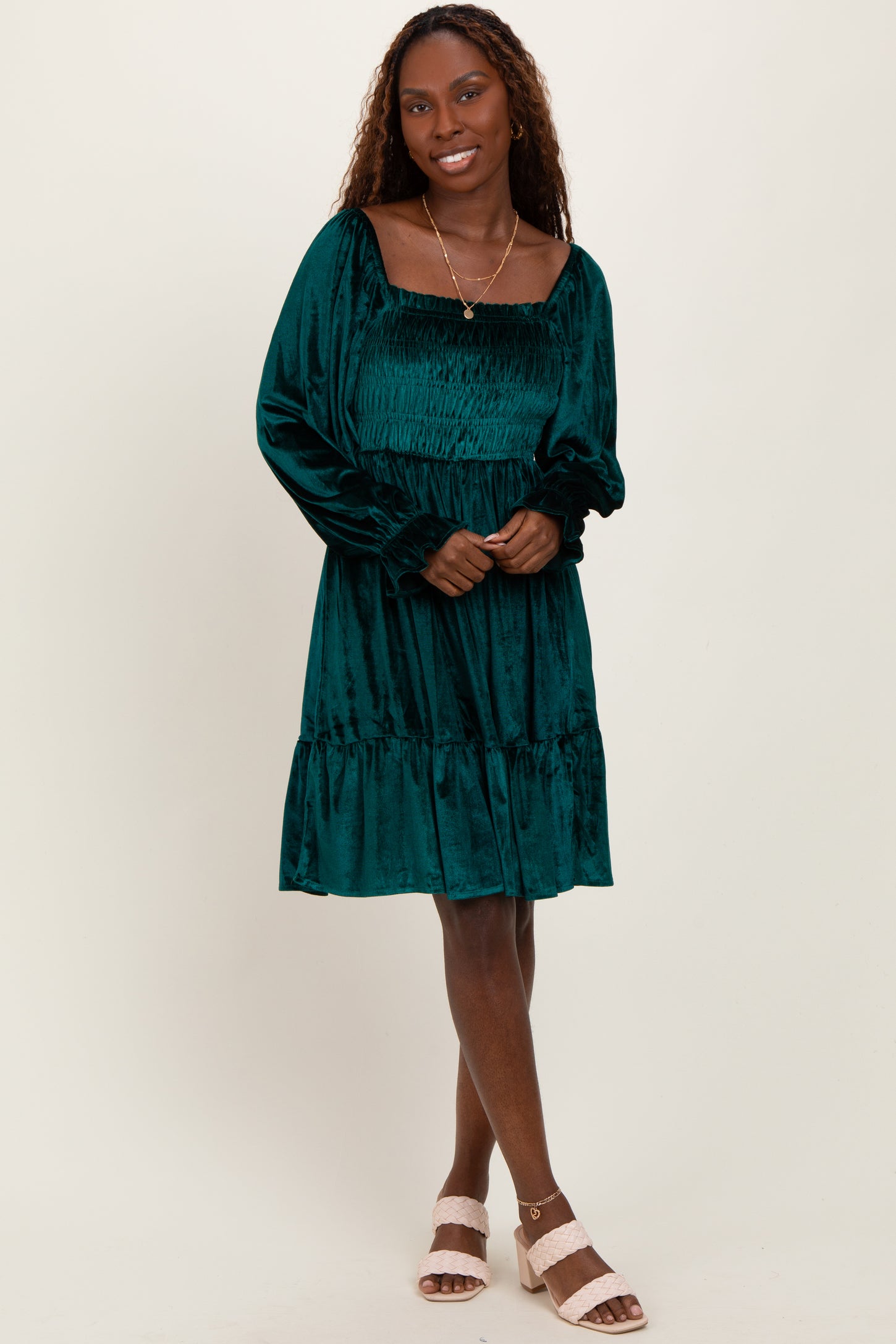 Forest Green Velvet Smocked Long Sleeve Maternity Dress