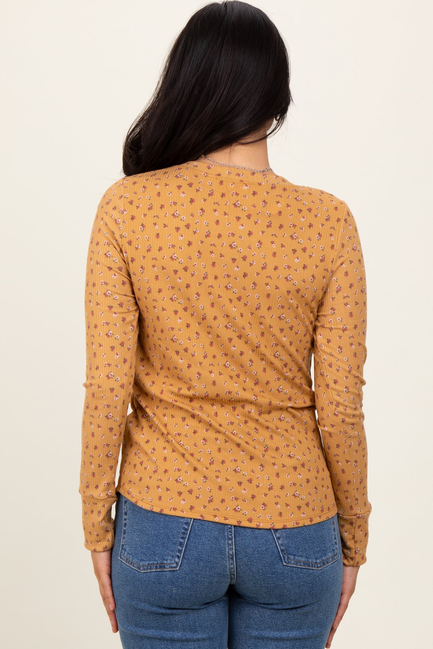 Yellow Floral Ribbed Long Sleeve Top