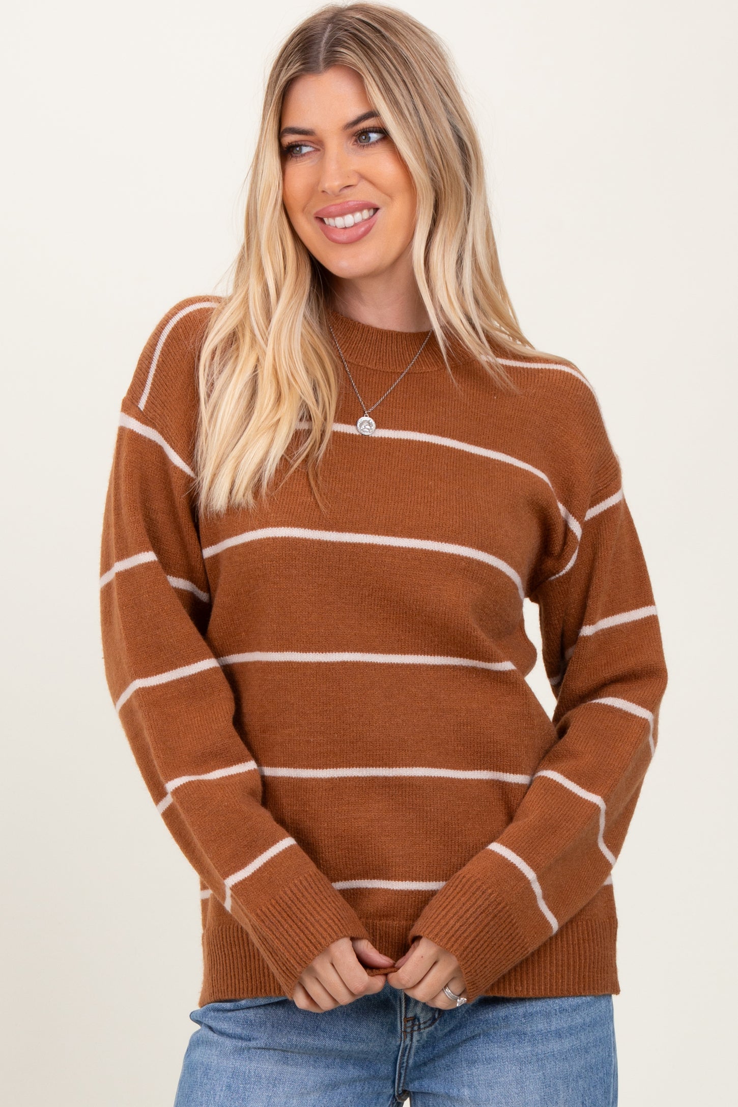 Mocha Striped Mock Neck Sweater