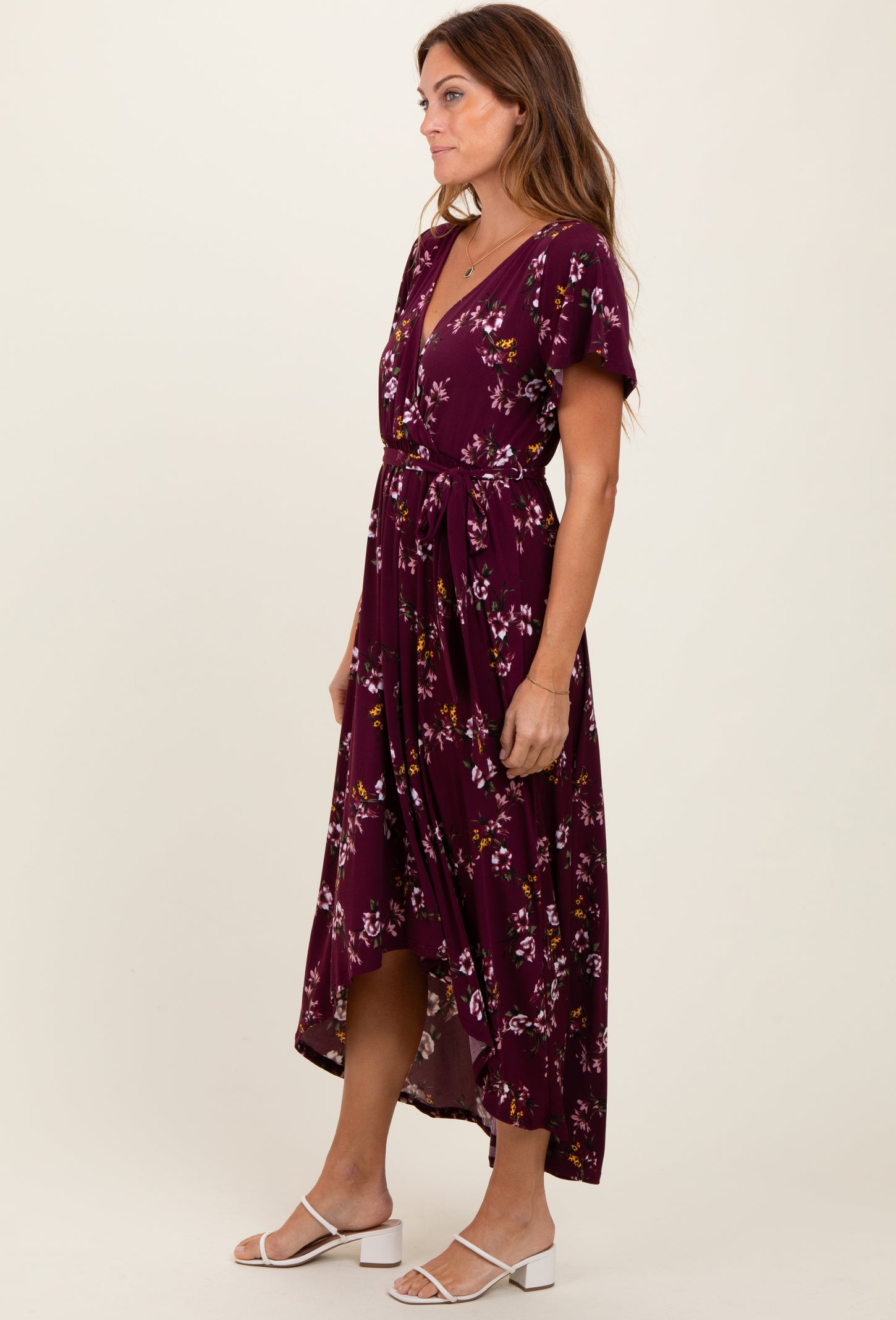 Burgundy Floral Short Sleeve Wrap Hi-Low Maxi Dress