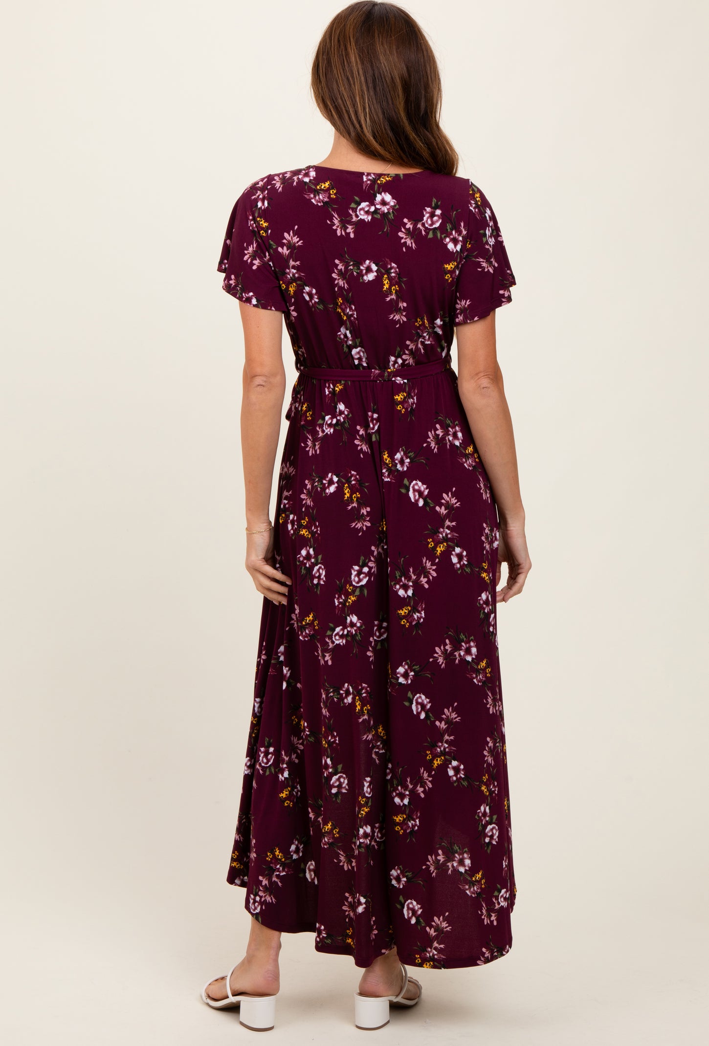 Burgundy Floral Short Sleeve Wrap Hi-Low Maxi Dress