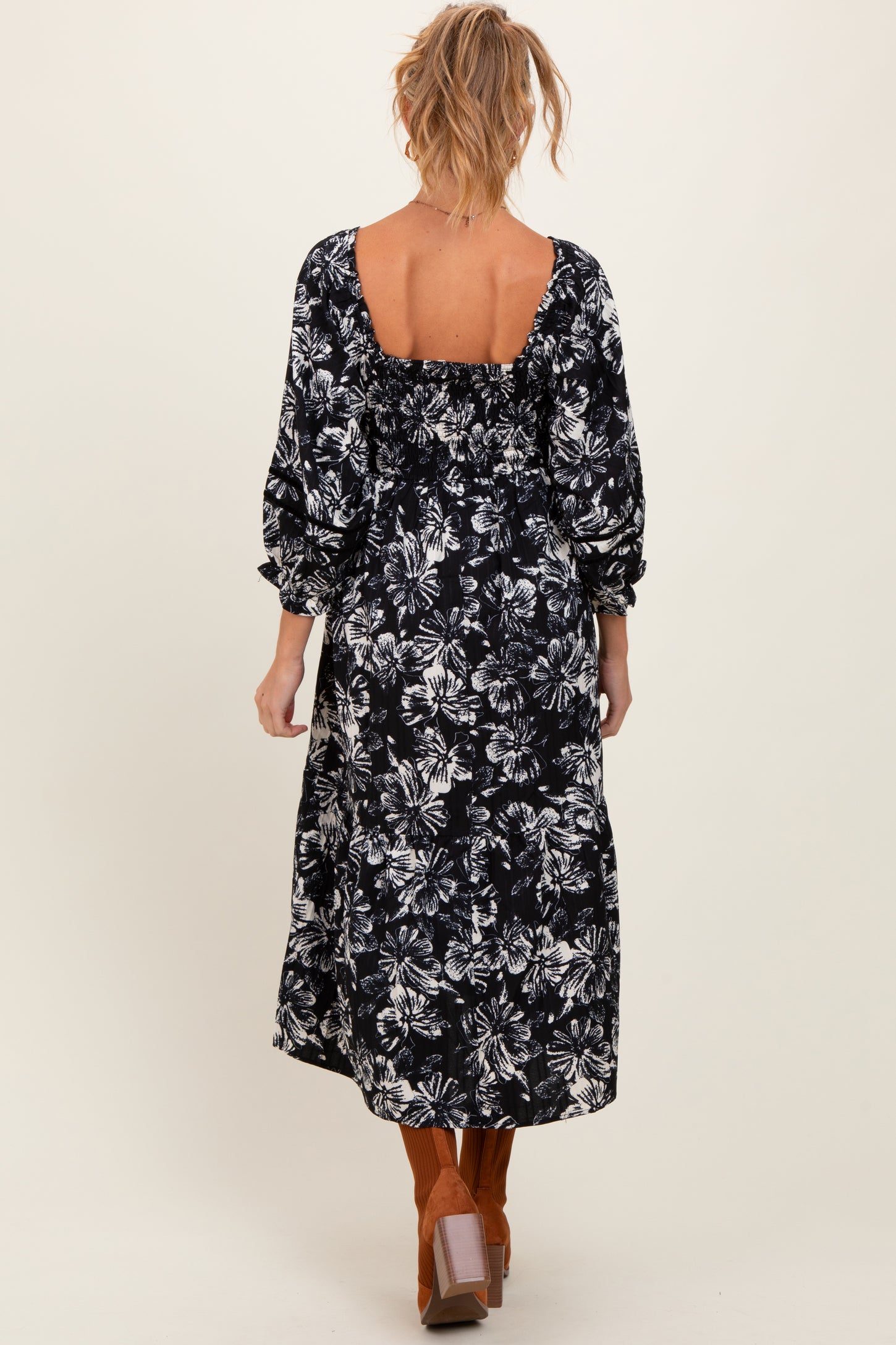 Black Floral Smocked 3/4 Sleeve Tiered Maternity Midi Dress
