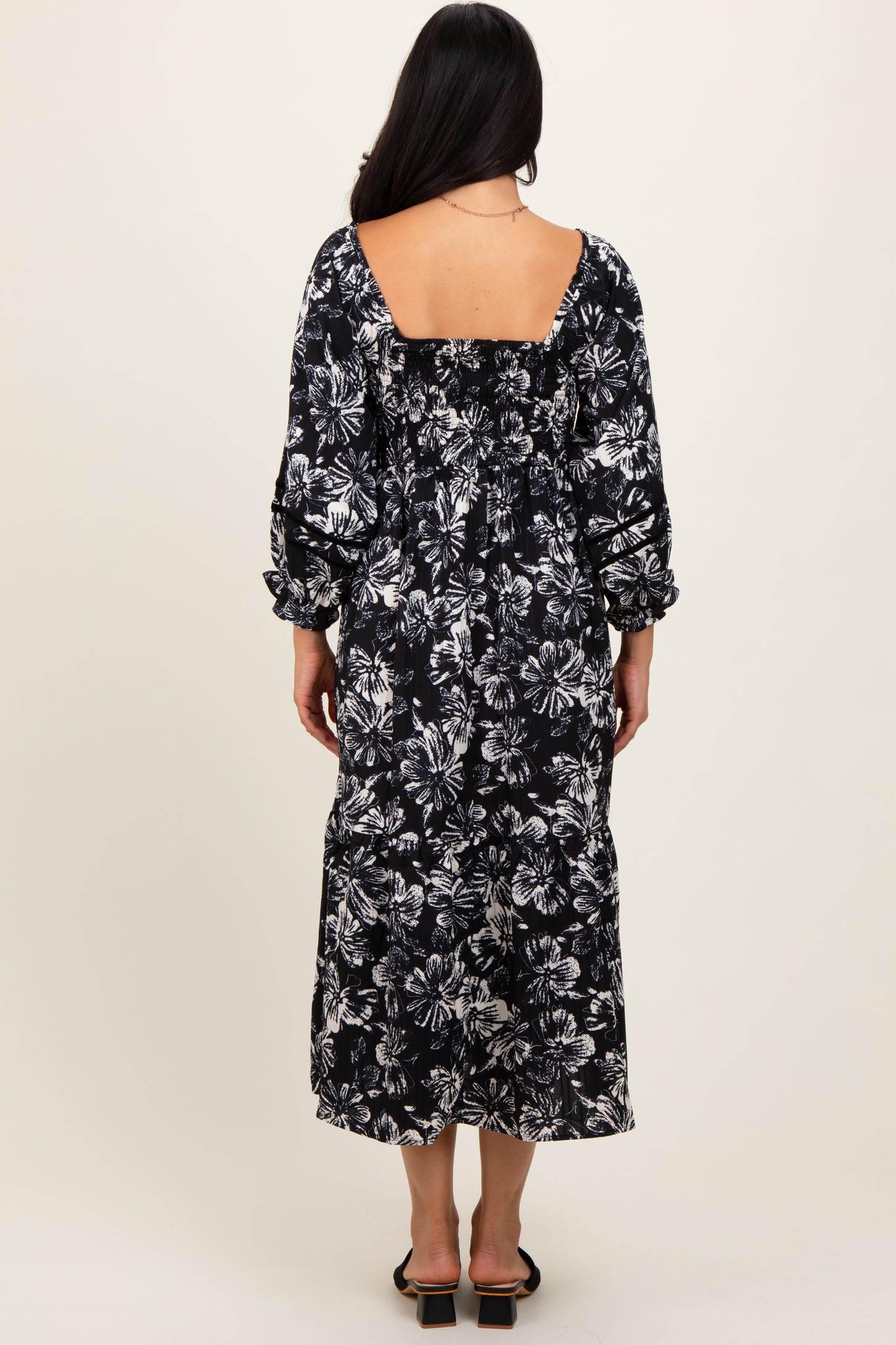 Black Floral Smocked 3/4 Sleeve Tiered Midi Dress