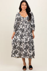 Cream Floral Smocked 3/4 Sleeve Tiered Maternity Midi Dress