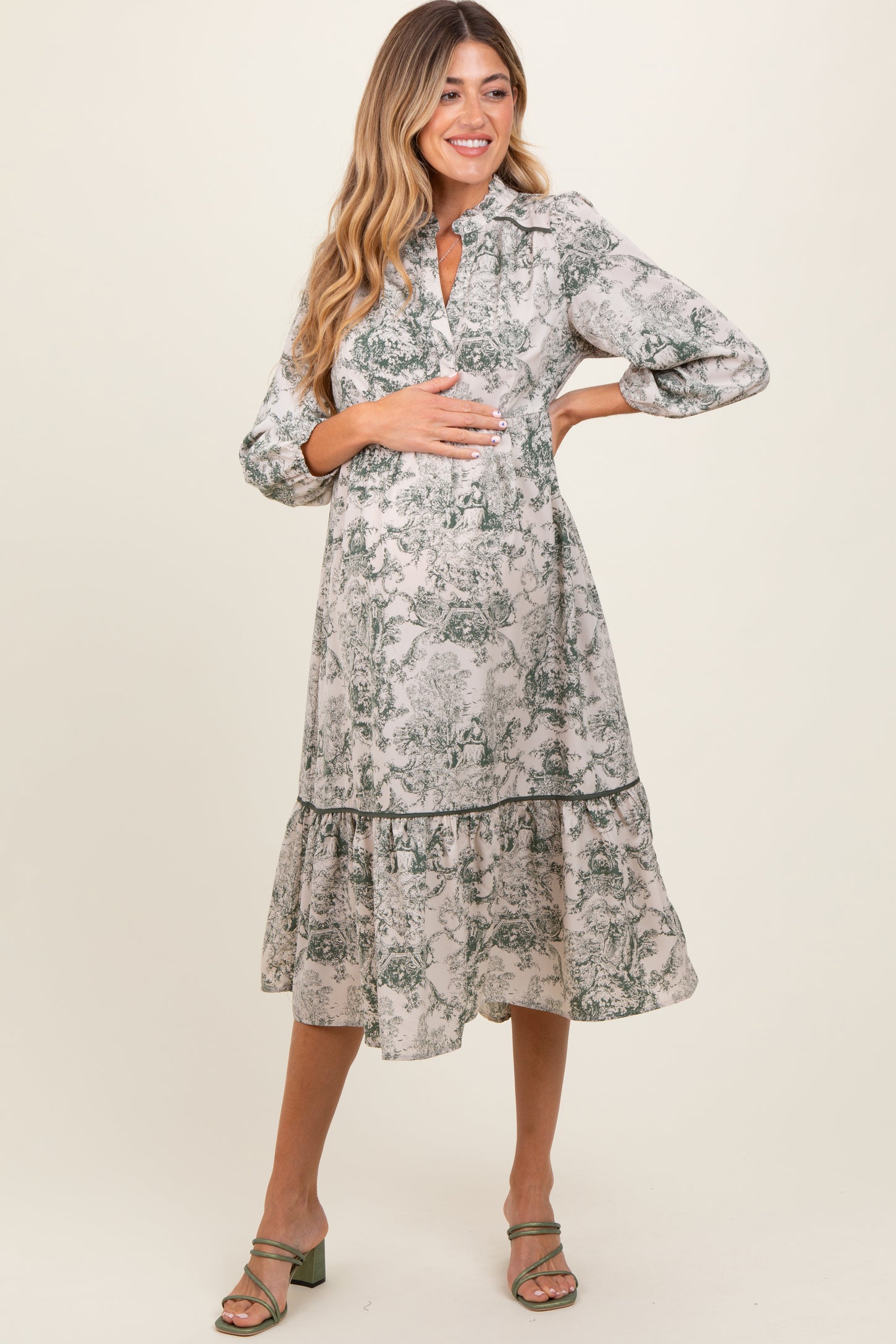 Forest Green Printed Split Ruffle Collar Maternity Midi Dress